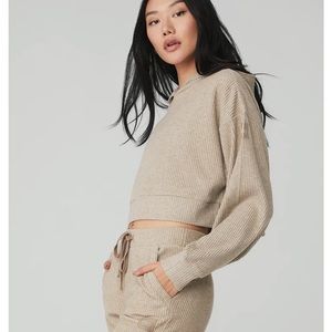 Alo Tan Ribbed Cropped Yoga Hoodie